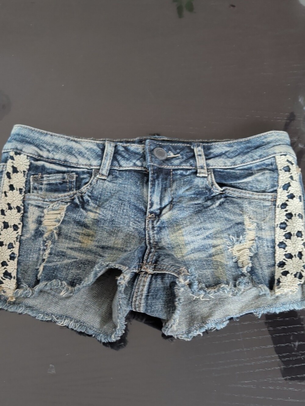 Mossimo Supply Co. Blue Distressed Denim Shorts with Crochet Trim